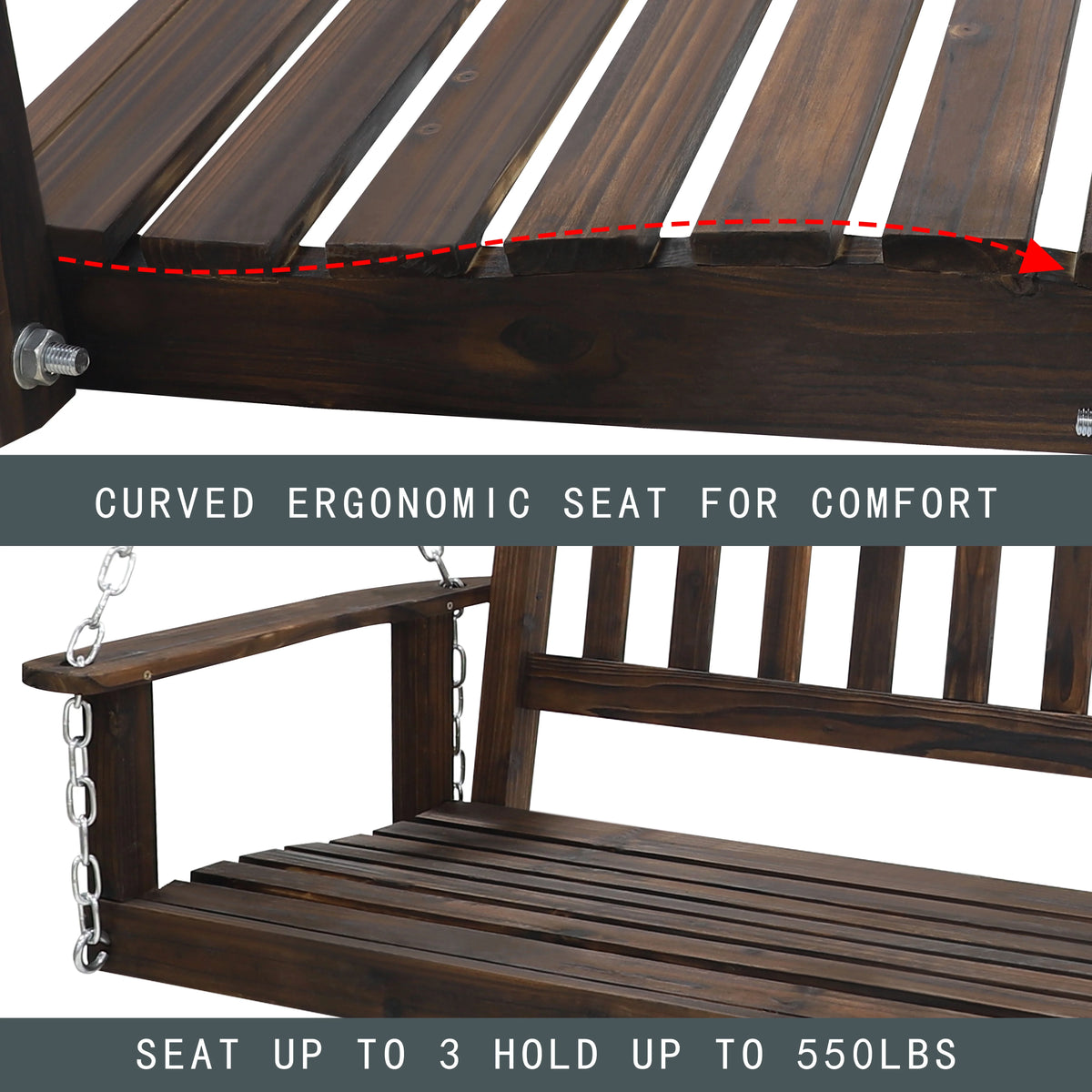 Wooden Porch Swing 4ft with Chains 2-person Swing Bench O609