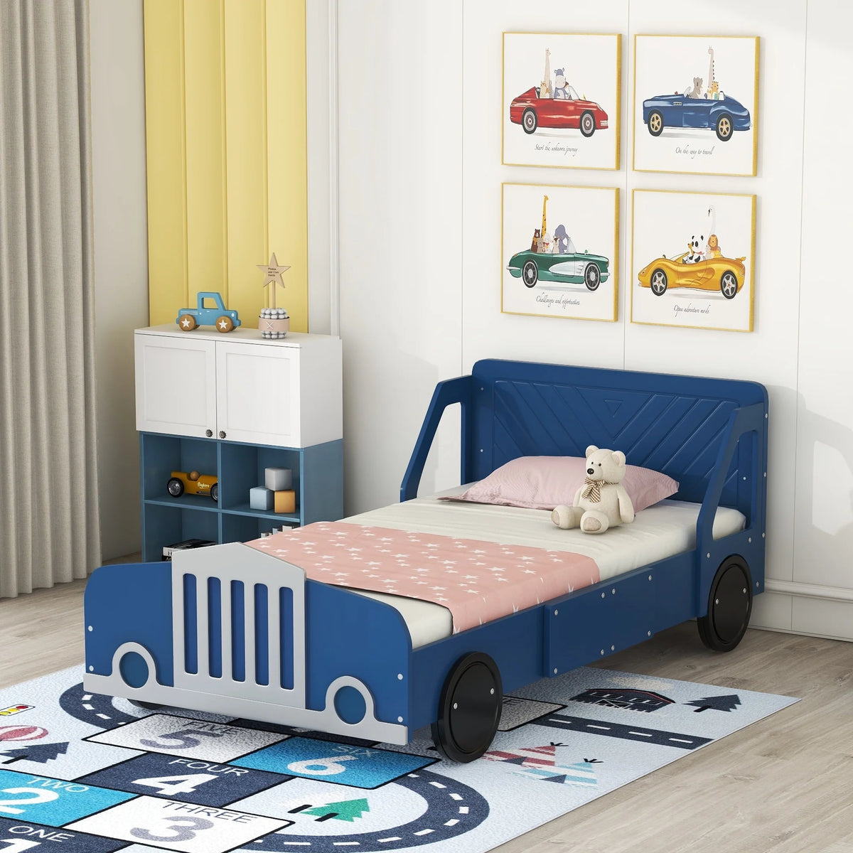 Twin Size Car-Shaped Platform Bed with Wheels Blue Y3411