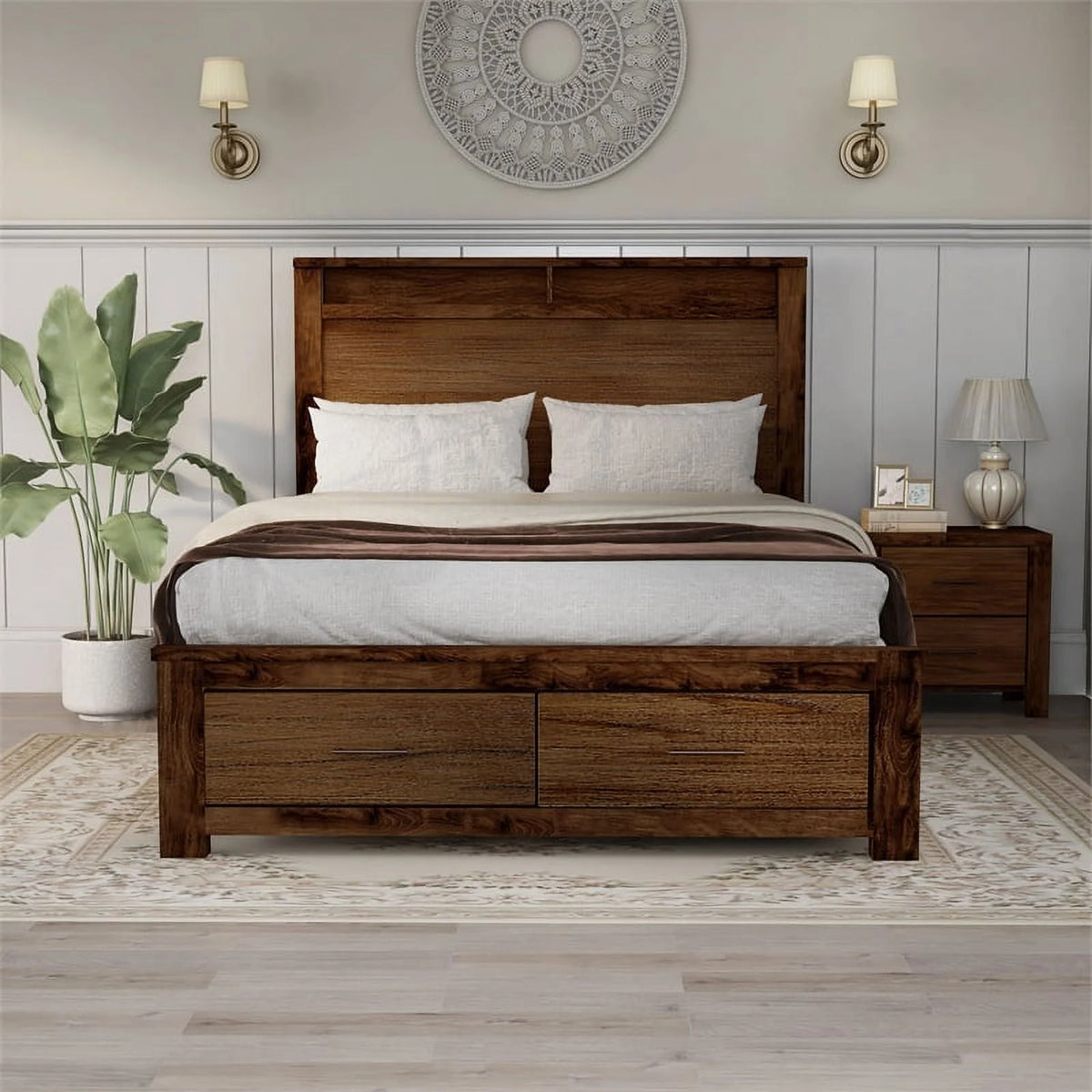 Oak Queen Solid Wood Platform Storage Bed F469