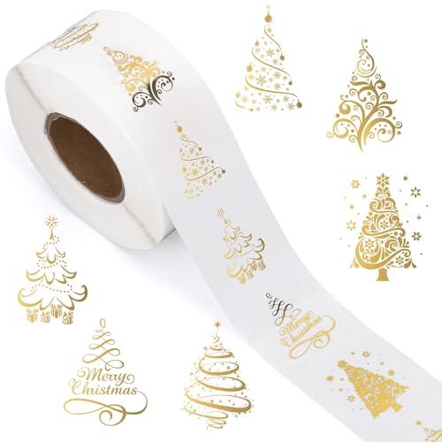 1000Pcs Clear Christmas Stickers Roll Gold Foil Self-Adhesive Label Decals C20527
