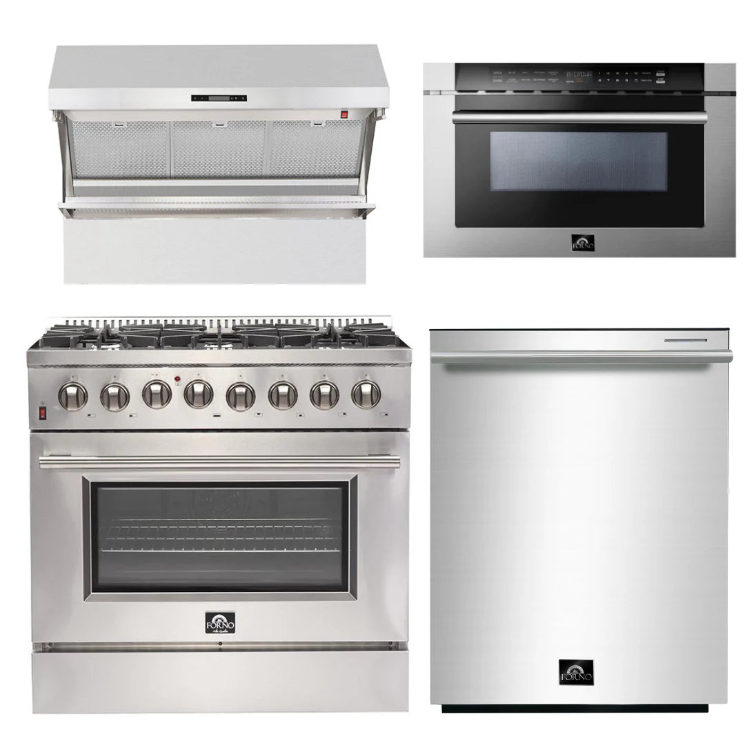 36 Inch Dual Fuel Range, Wall Mount Range Hood, Microwave Drawer, Dishwasher D17373