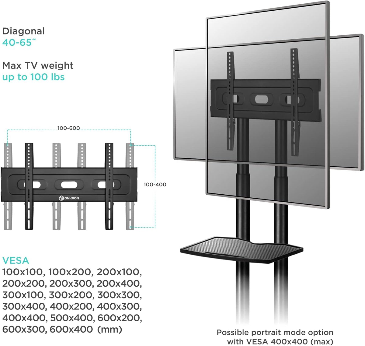 Mobile TV Stand for 40 to 65 Inch TV with Wheels Shelves E482547