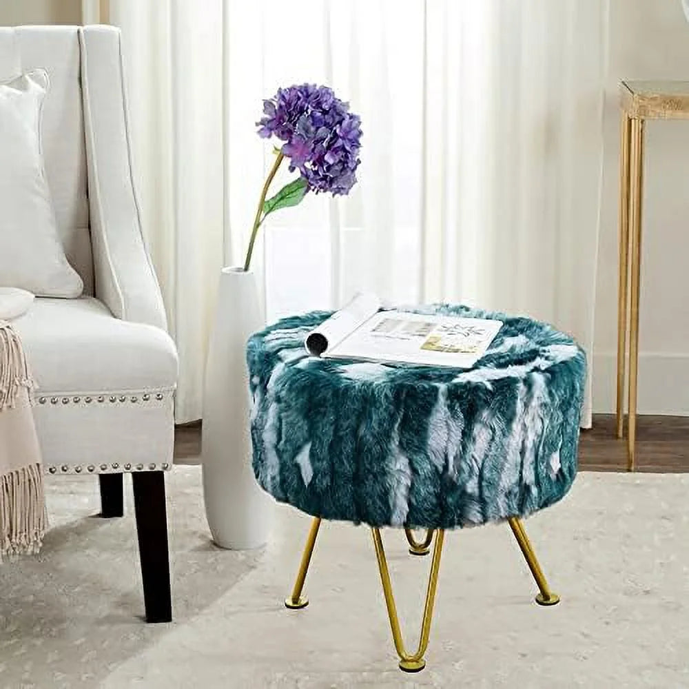 Blue Faux Fur Round Ottoman 18"x18"x18" G426