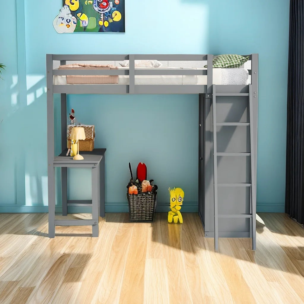 Twin Size Loft Bed with Wardrobe and Desk C593763
