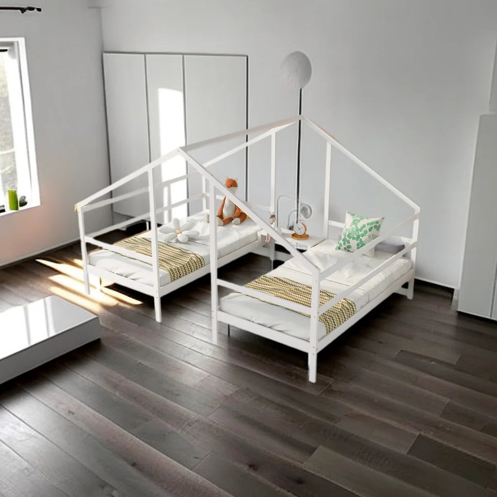 Twin Size Solid Wood Triangular House Bed with Guardrail and Desk Y13098