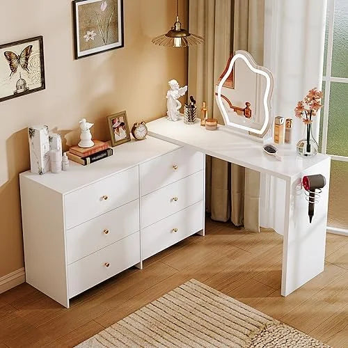 Modern Corner Vanity Table with LED Mirror and 6 Drawers T6010