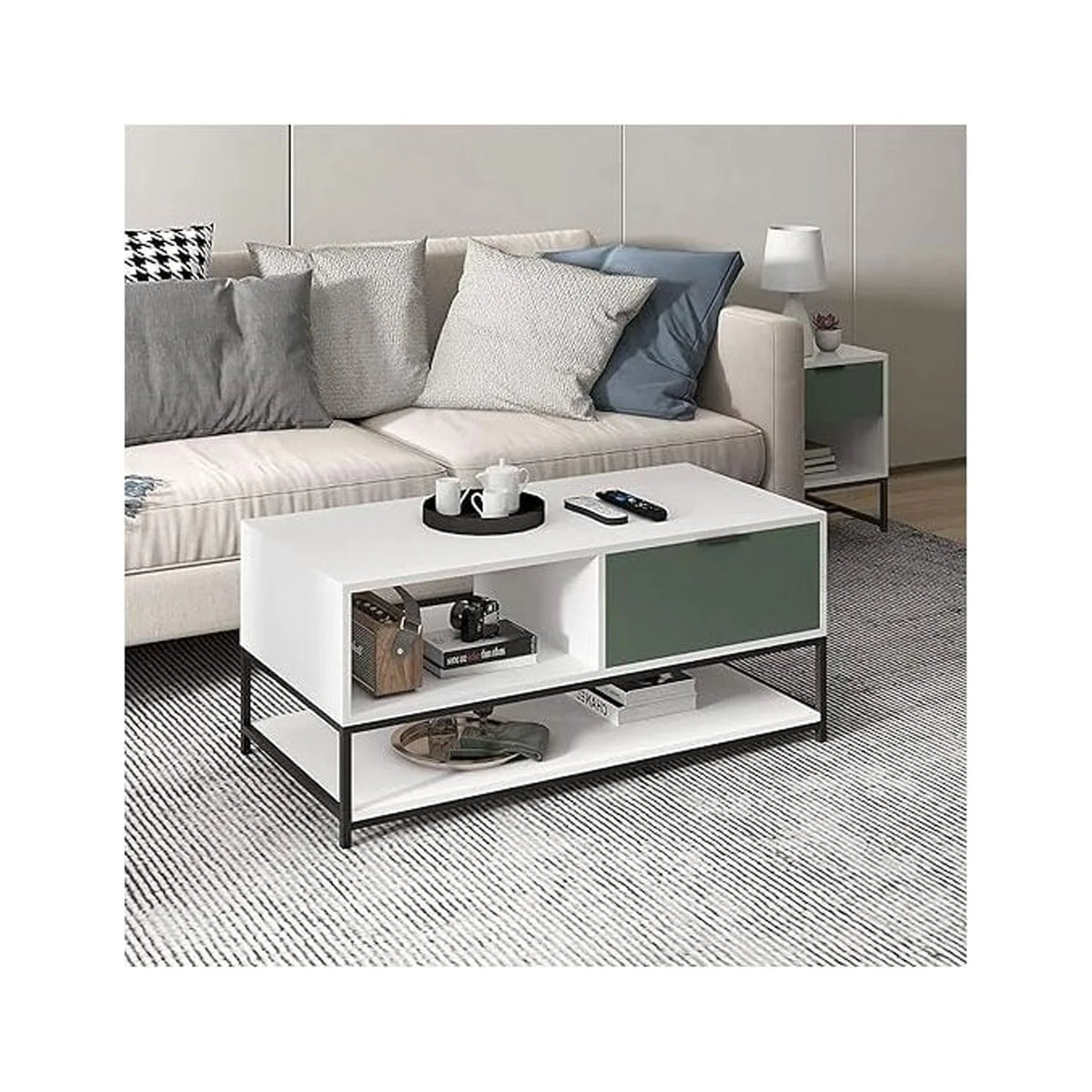Vintage Wood Coffee Table with Shelves and Drawer J64508