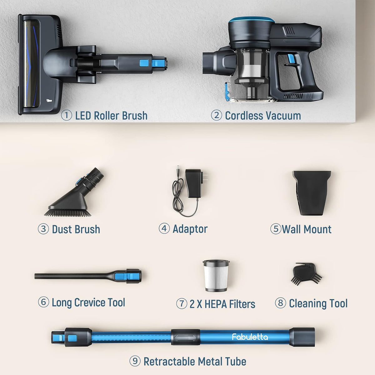 Cordless Stick Vacuum Cleaner, 24Kpa 250W, 6-in-1 Rechargeable, 45 Min Runtime, Blue Q46506