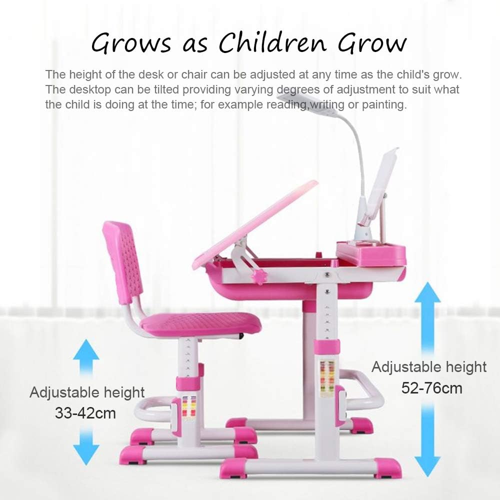 Kids Desk and Chair Set, Height Adjustable with Tilt Desktop, LED Lamp and Storage Drawer, Grey D1416