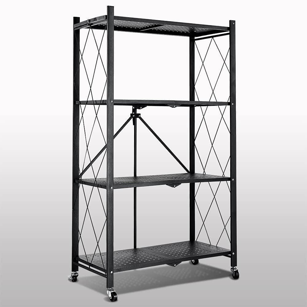 4 Tier Folding Metal Storage Shelves with Rolling Brake Wheels A871