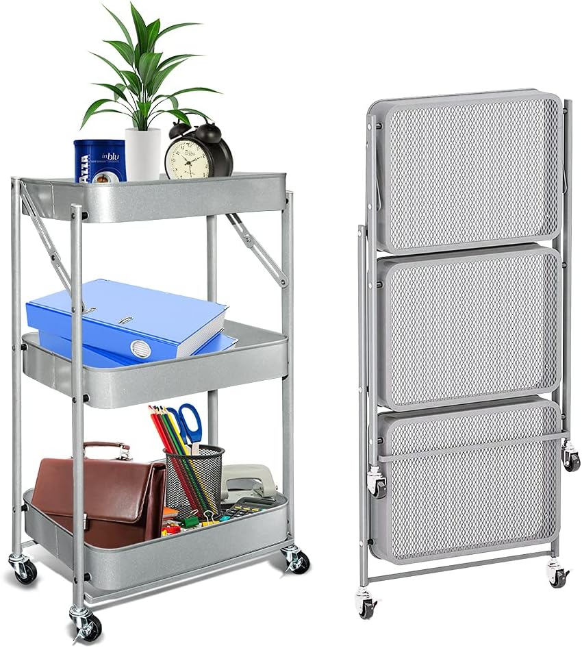 4 Tier Folding Metal Storage Shelves with Rolling Brake Wheels A871