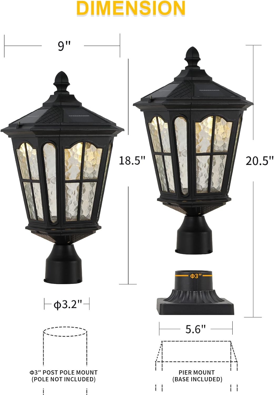 Solar Lamp Post Light with 3-Inch Pier Mount Base, Die Cast Aluminum, 20.5''H, Matte Black Q7999