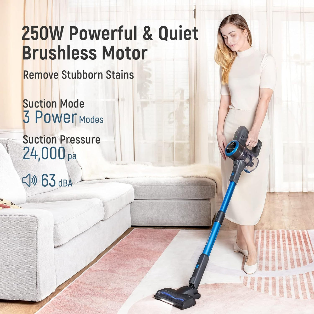 Cordless Stick Vacuum Cleaner, 24Kpa 250W, 6-in-1 Rechargeable, 45 Min Runtime, Blue Q46506