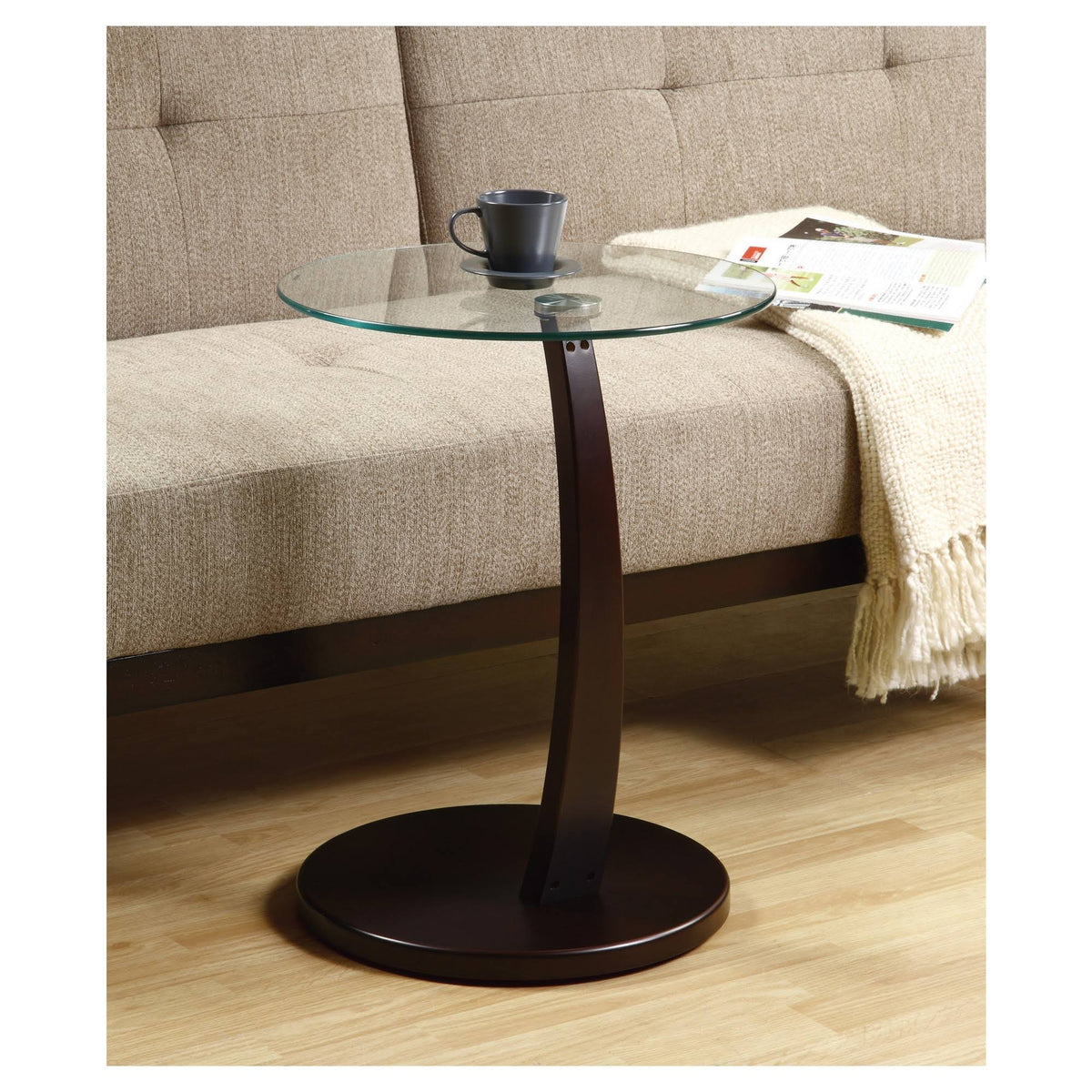 Cappuccino Bentwood Accent Table with Tempered Glass E2788
