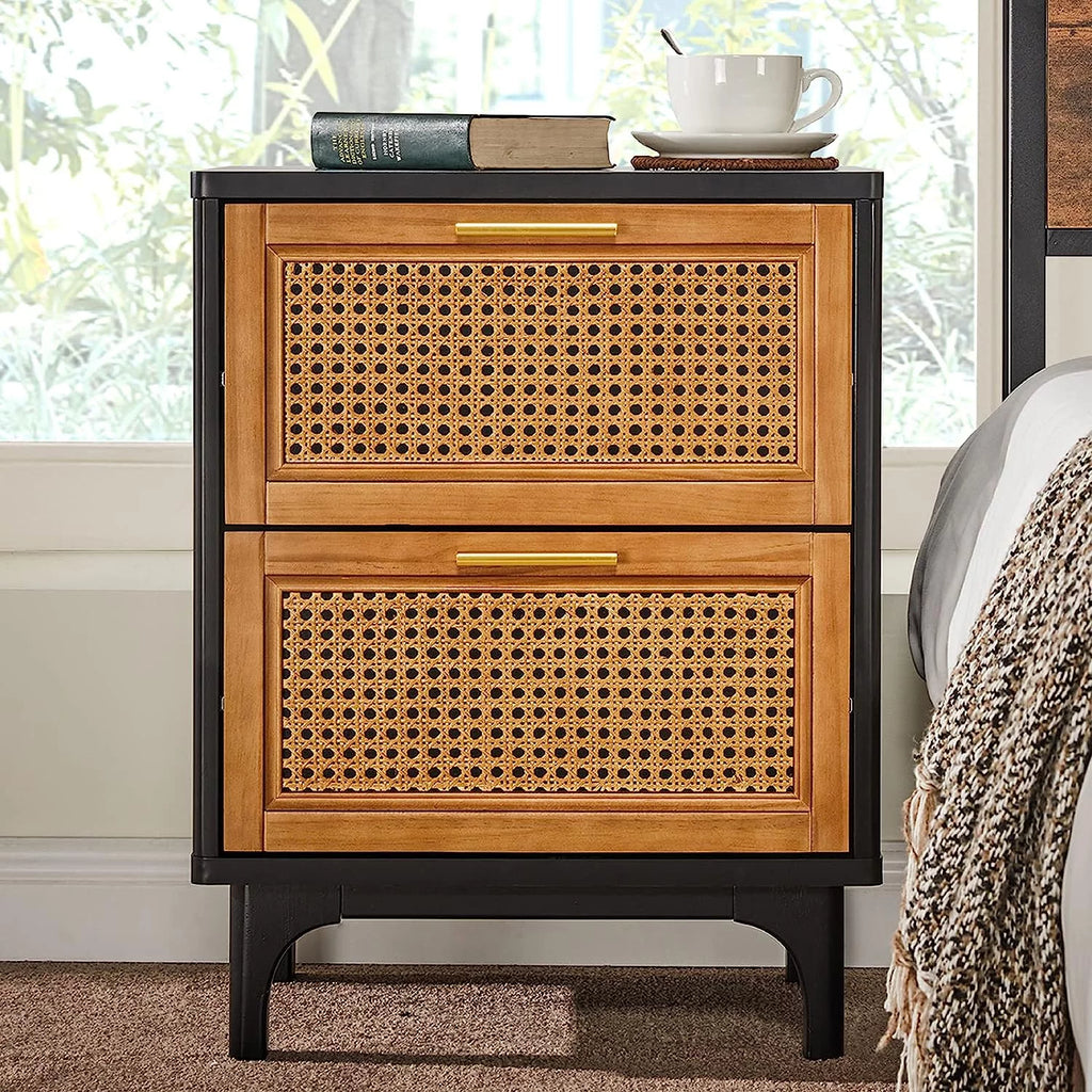 Black Woven Rattan Nightstand with 2 Wood Drawers K443196