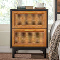 Black Woven Rattan Nightstand with 2 Wood Drawers K443196