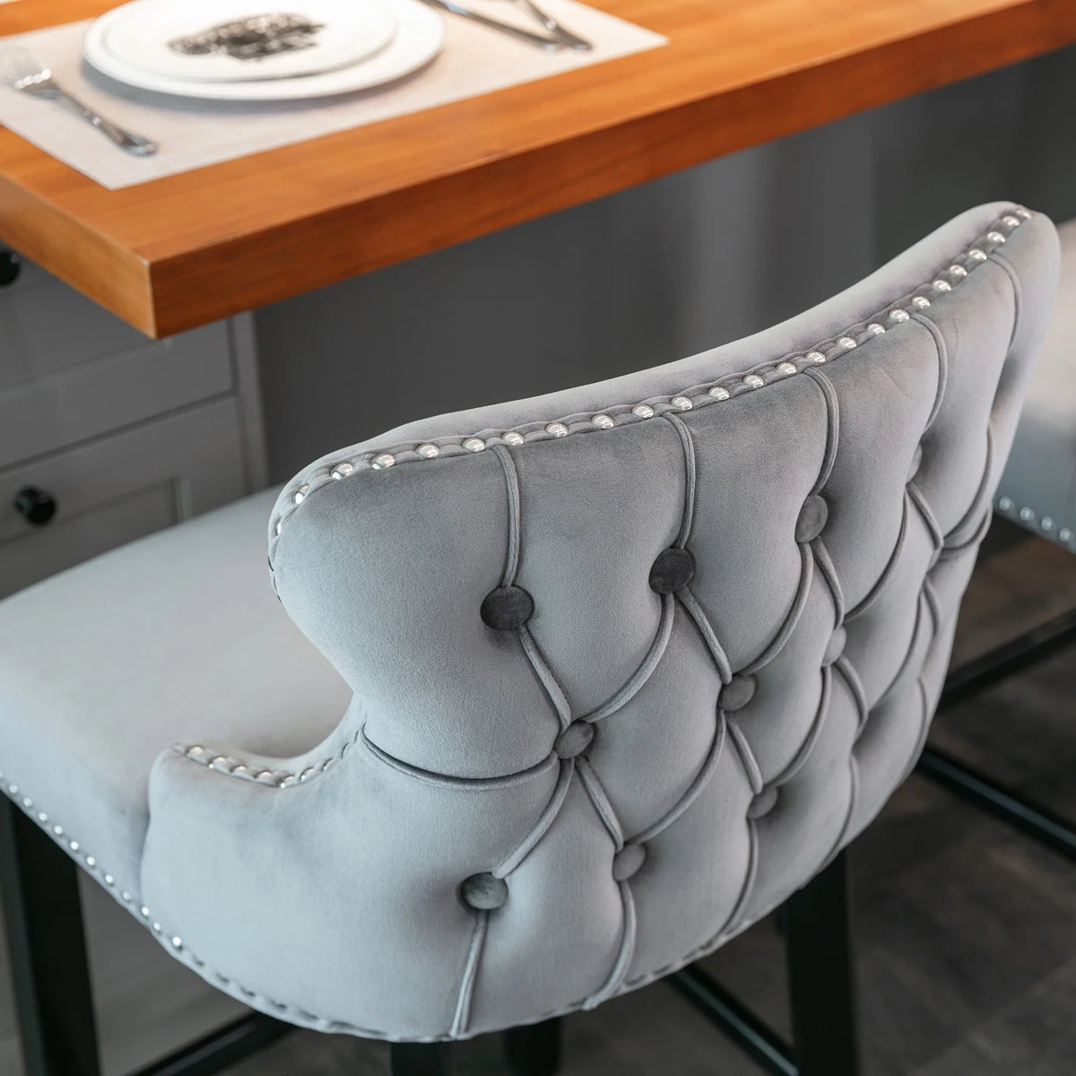 Velvet Wing-Back Upholstered Bar Stools Set of 2 with Solid Wood Legs U83451
