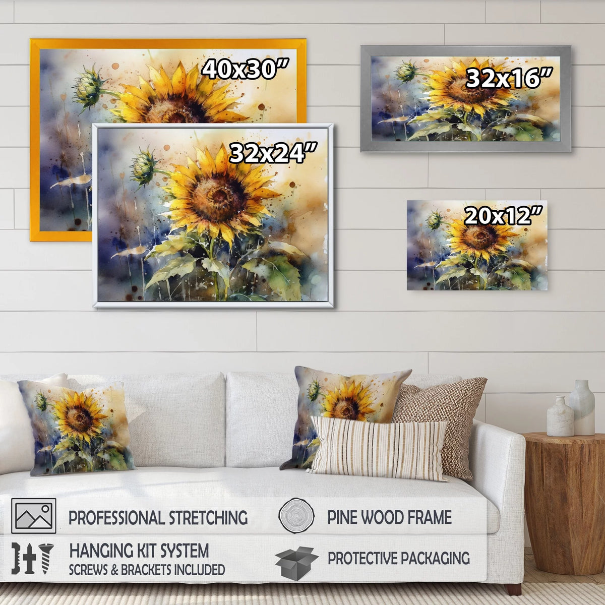 Floral Sunflower Framed Canvas Art Print 44 in. wide x 34 in. high O656