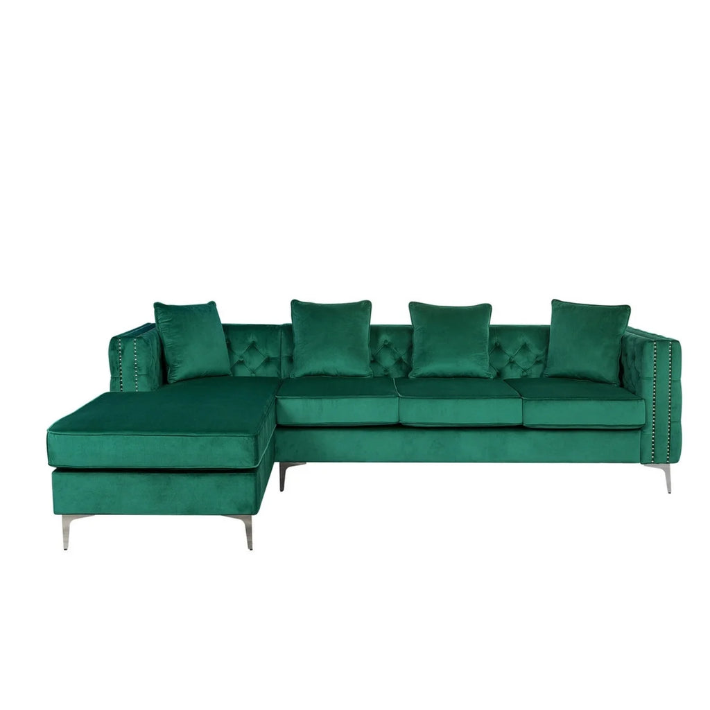 68 Inch Green Velvet Chaise Sofa with Nailhead Trim and Tufting Q33838