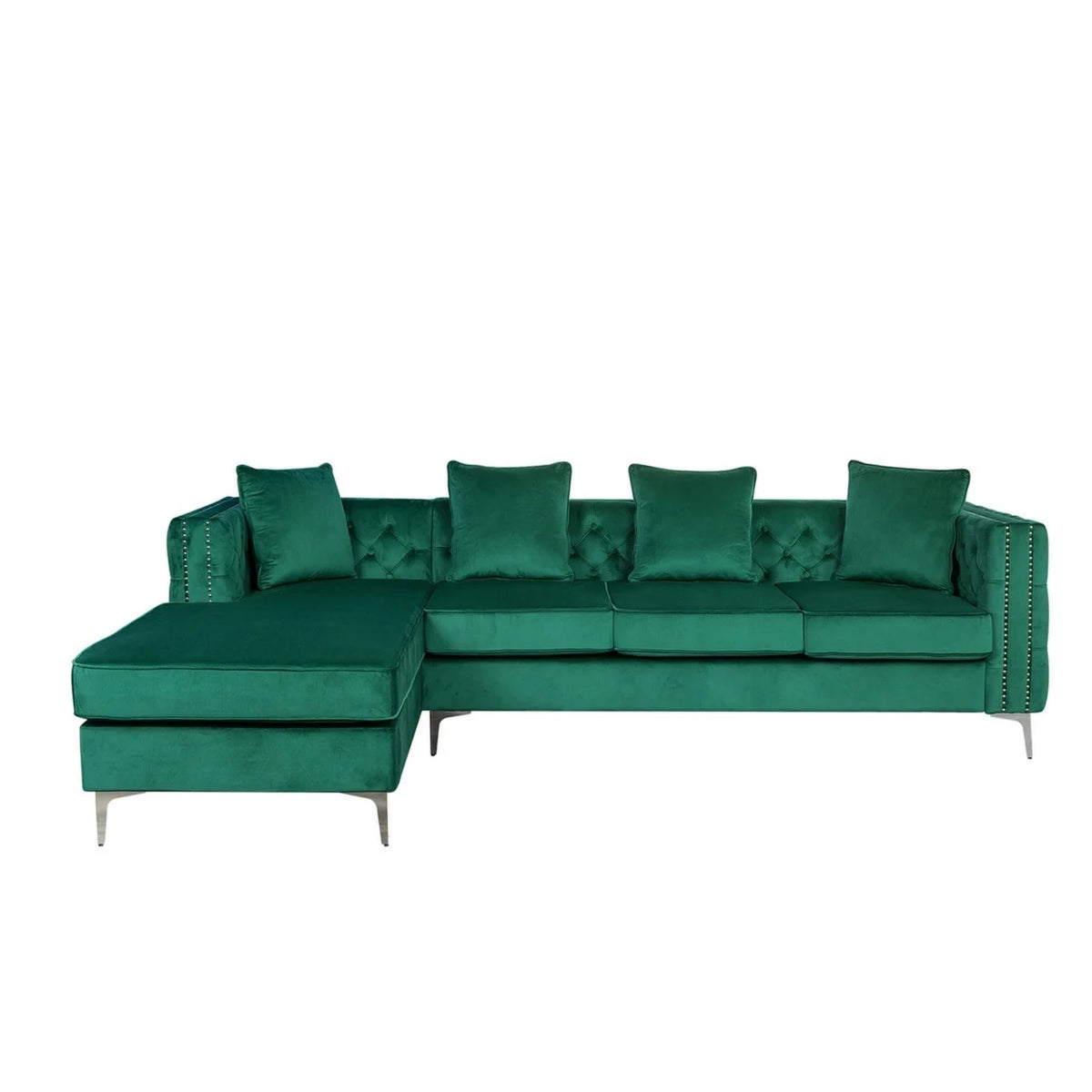 68 Inch Green Velvet Chaise Sofa with Nailhead Trim and Tufting Q33838