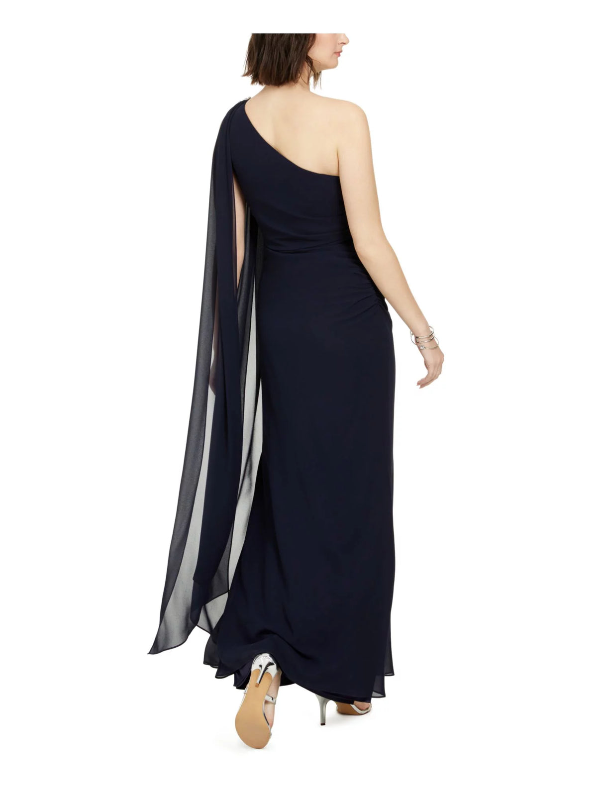 Navy Stretch Embellished One-shoulder Chiffon Maxi Dress A665
