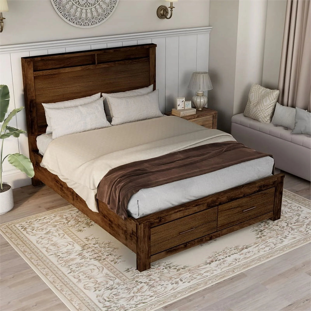 Oak Queen Solid Wood Platform Storage Bed F469