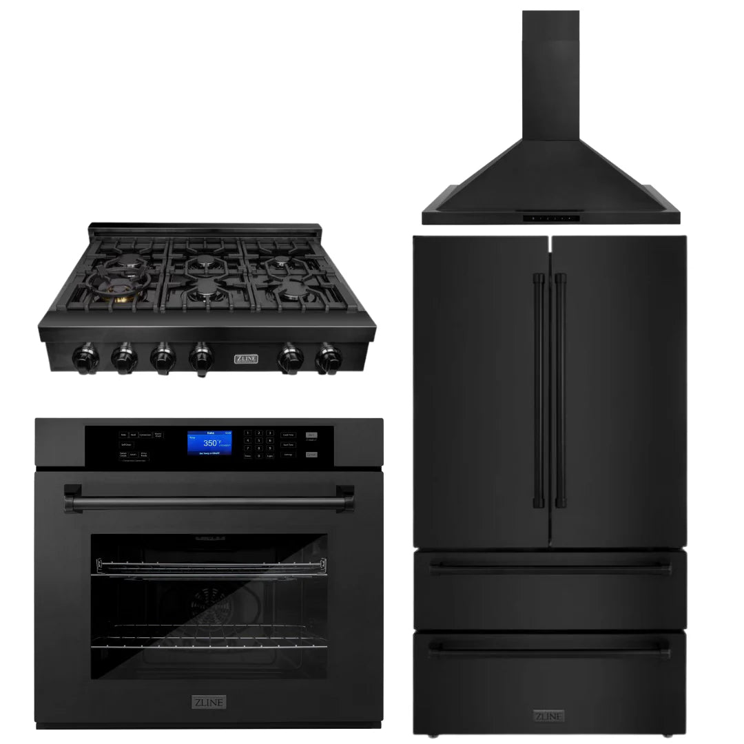 36 In. Rangetop, Range Hood, Refrigerator, and Wall Oven in Black Stainless Steel Q6654