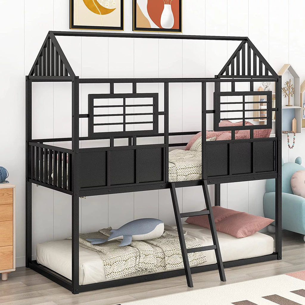 Black Metal Bunk Bed with Slide and Storage Stairs L194742