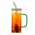 Green Square Glass Cups with Bamboo Lids and Straw A371