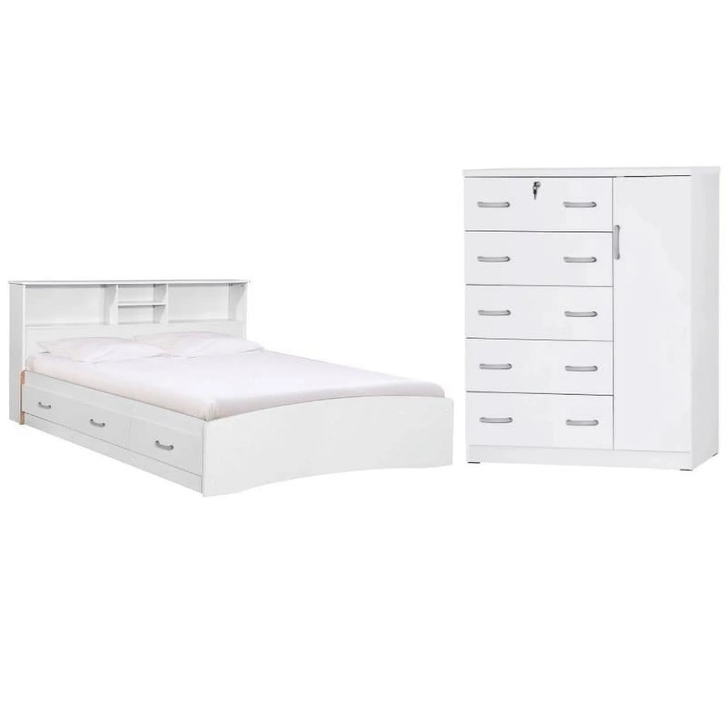 White Queen Captains Bed & Tall Chest Wardrobe Set F931128
