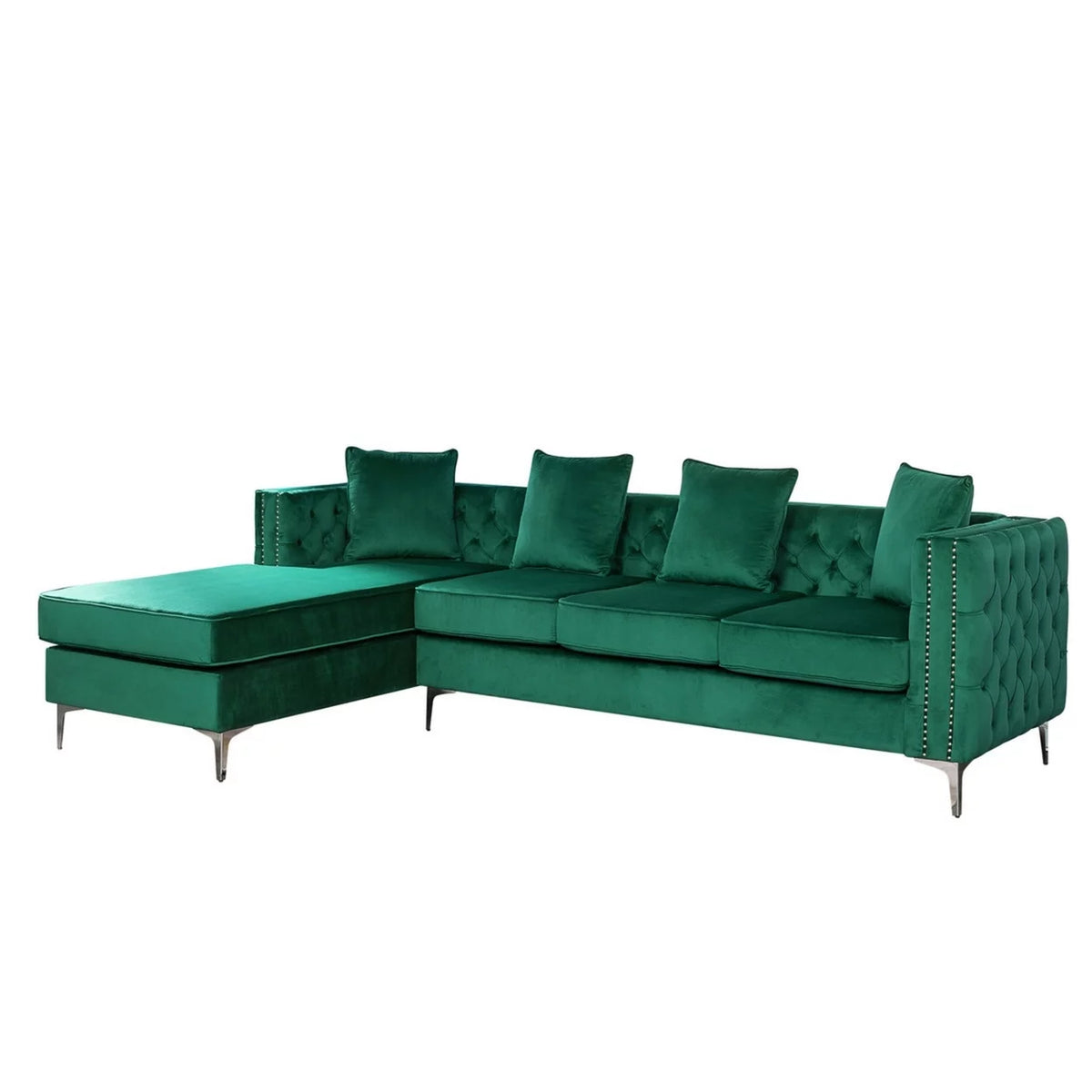 68 Inch Green Velvet Chaise Sofa with Nailhead Trim and Tufting Q33838