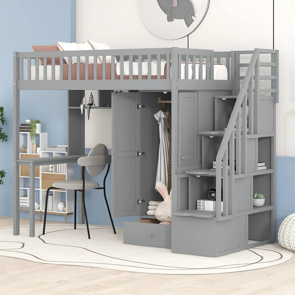 Wood Loft Bed With Desk Storage Wardrobe Stairs Shelves G98388