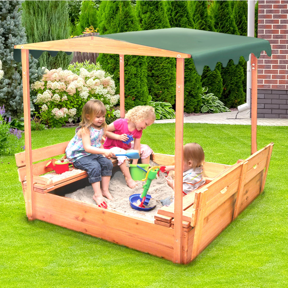 Covered Convertible Cedar Sandbox with Canopy and Two Bench Seats P271731