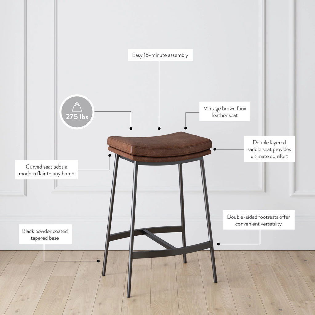Brown Backless Upholstered Bar Stool with Metal Base O639