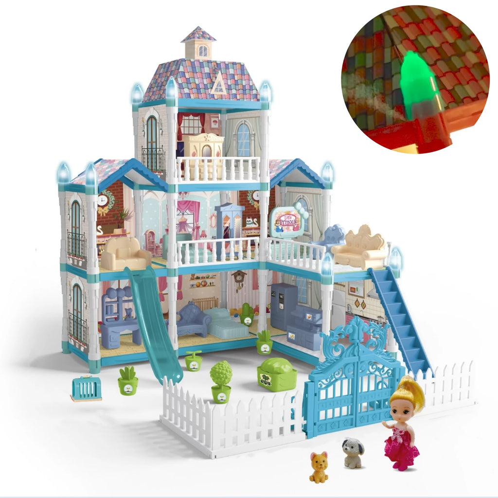 8 Room Dollhouse Play Set with Slide Doll and Furniture Accessories, 191 Pcs D864