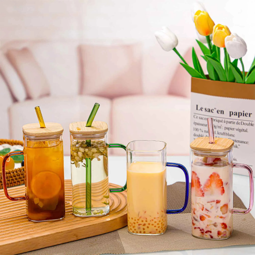 Green Square Glass Cups with Bamboo Lids and Straw A371