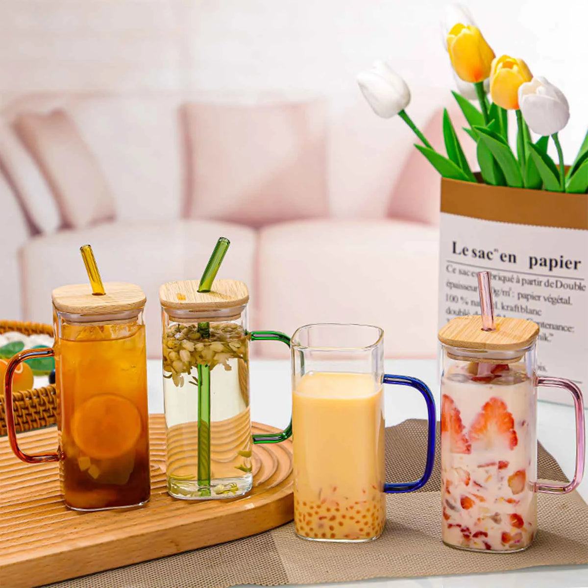 Green Square Glass Cups with Bamboo Lids and Straw A371