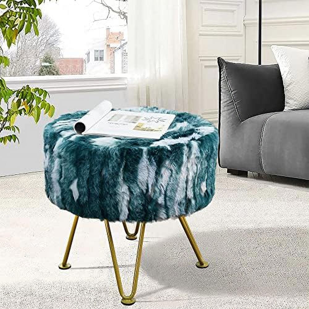 Blue Faux Fur Round Ottoman 18"x18"x18" G426