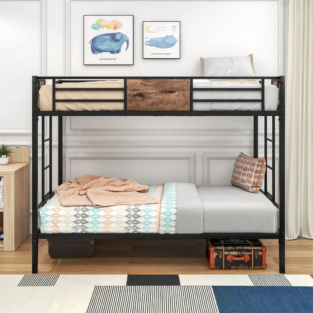 Black Metal Twin over Twin Bunk Bed with Stairs U261