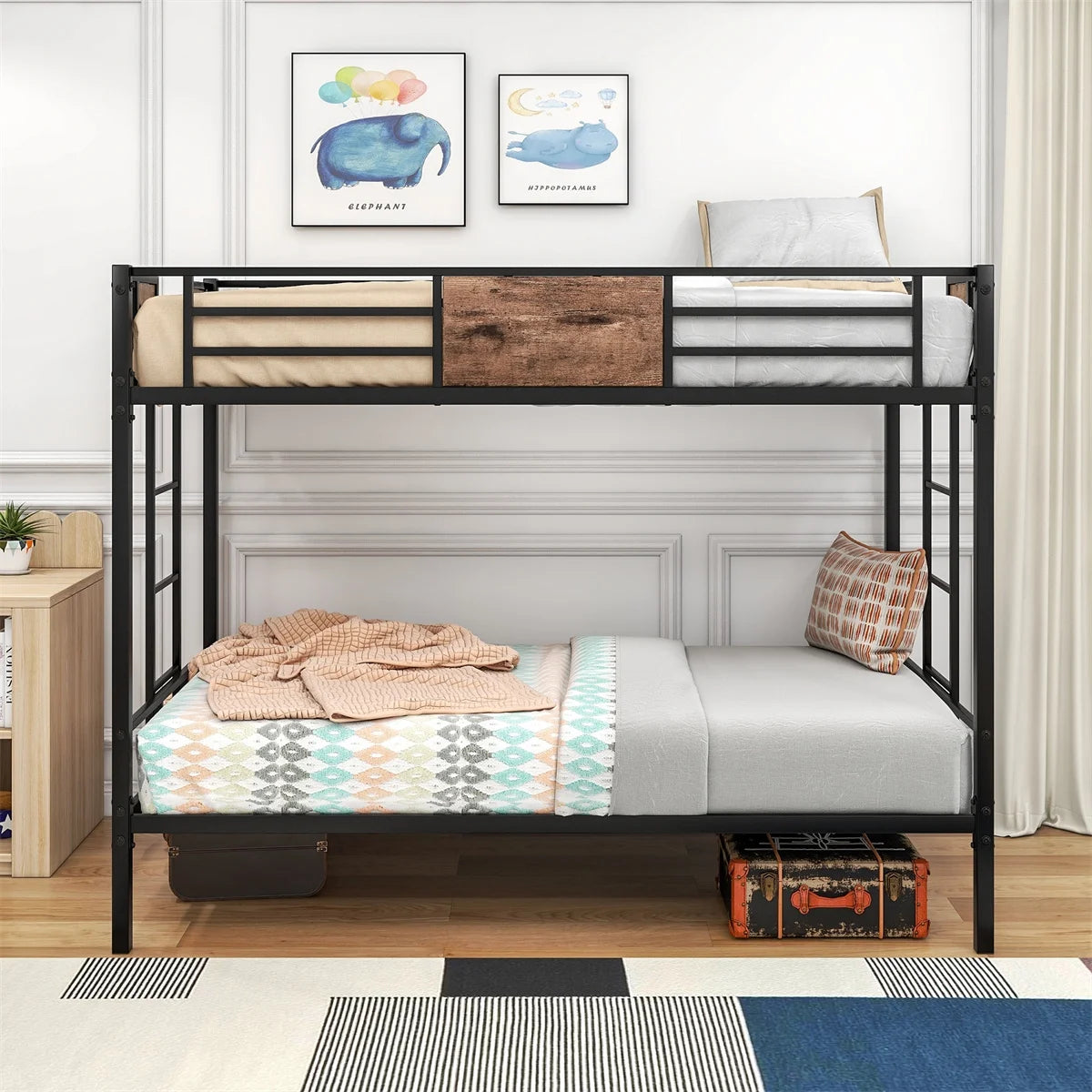Black Metal Twin over Twin Bunk Bed with Stairs U261