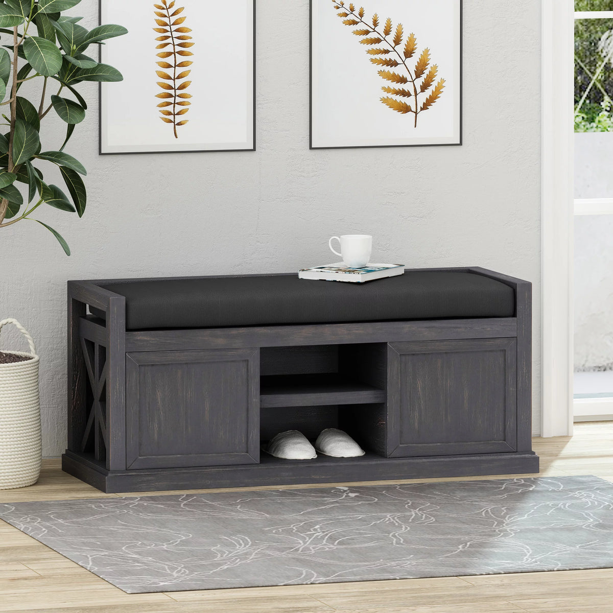 Acacia Wood Storage Bench with Cushion W438