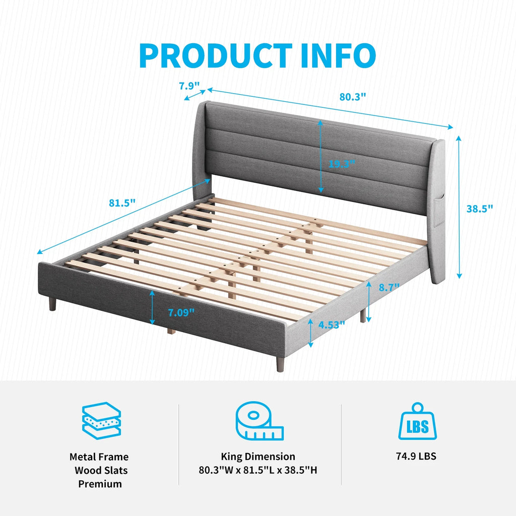 King Upholstered Platform Bed Frame with Adjustable Headboard Q5678