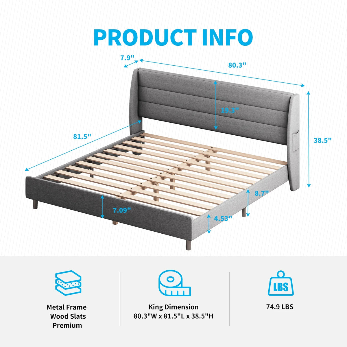 King Upholstered Platform Bed Frame with Adjustable Headboard Q5678