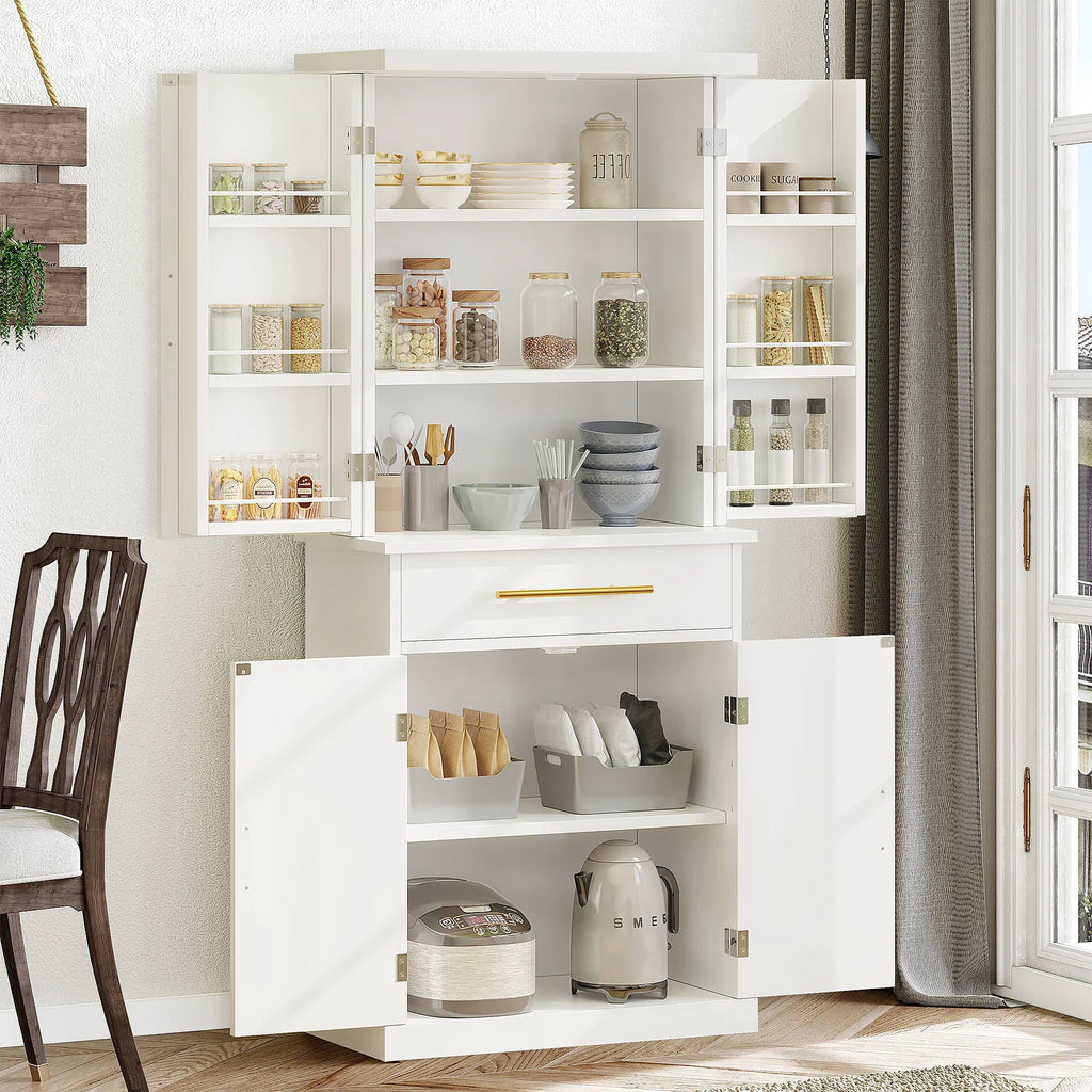 White 4 Door Freestanding Kitchen Pantry Storage Cabinet with Drawer and Adjustable Shelf C721231