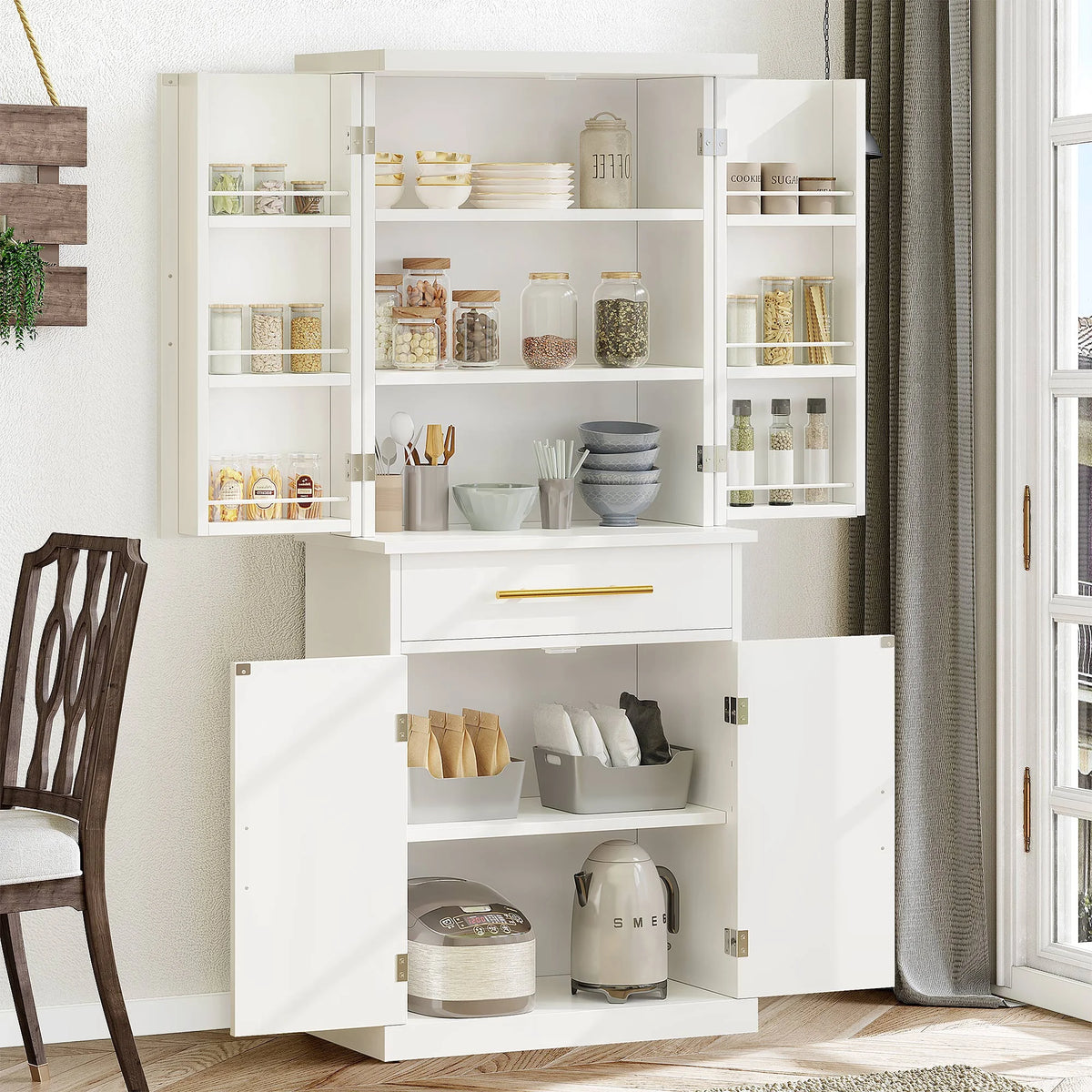 White 4 Door Freestanding Kitchen Pantry Storage Cabinet with Drawer and Adjustable Shelf C721231