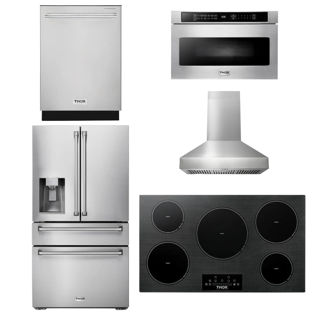 36 Induction Cooktop, Range Hood, Microwave, Refrigerator, Dishwasher J5142