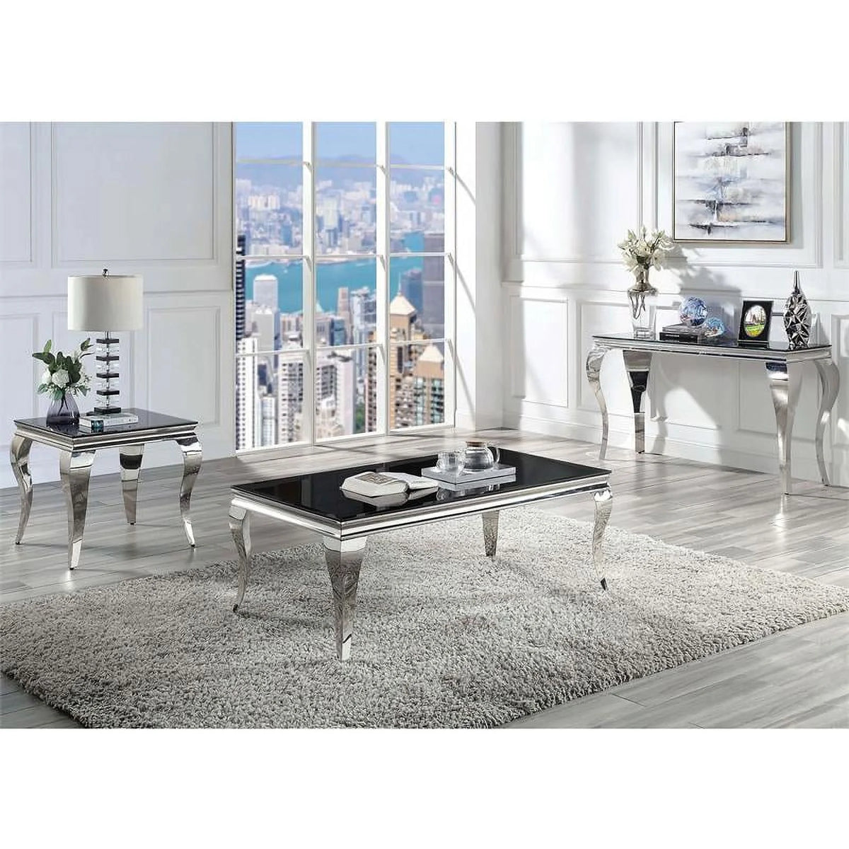 Black and Silver Glass Top End Table O69846