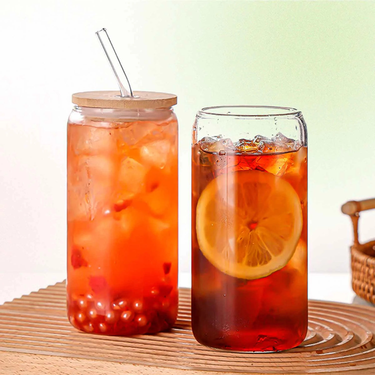 Can Shaped Glass Cups with Bamboo Lids and Glass Straw 6pcs P56865