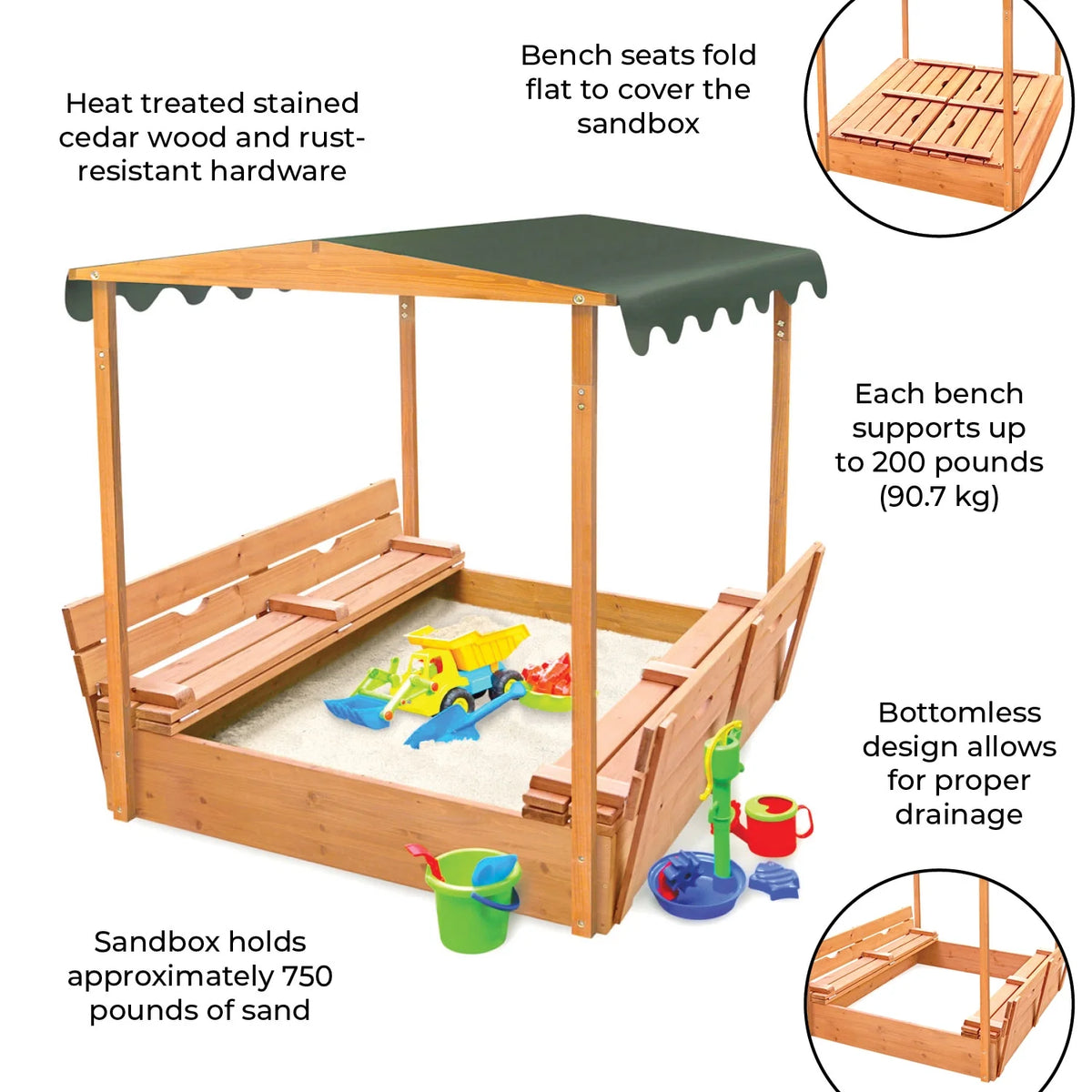 Covered Convertible Cedar Sandbox with Canopy and Two Bench Seats P271731