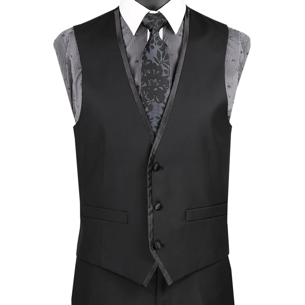 Men's Slim-Fit 3-Piece Textured Solid Lapel Suit - Black 50L S8263
